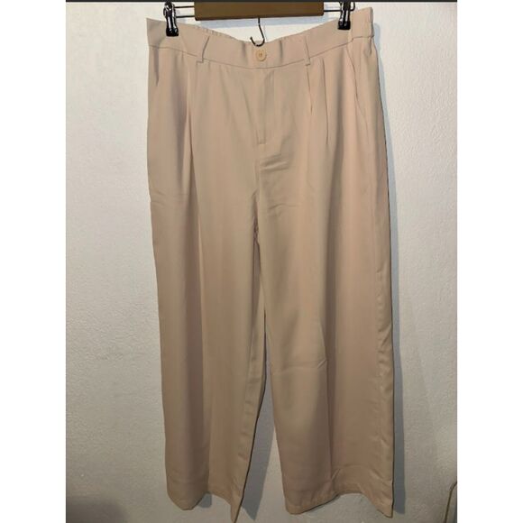 467 Women’s High-Rise Pleated Wide-Leg Trousers with Pockets Beige Elastic Pants - Picture 5 of 6